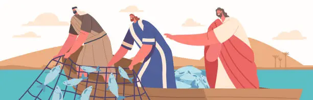 Vector illustration of Wonderful Catch Biblical Event. Jesus Miraculously Caught A Large Amount Of Fish After Instructing Simon To Let Down Net