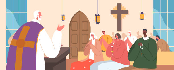 kościół katolicki z ludźmi zebranymi w środku i księdzem prowadzącym nabożeństwo. wspólnota, wiara i pobożność religijna - nave stock illustrations