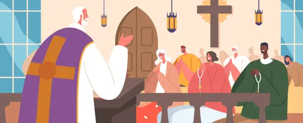 Vector illustration of Catholic Church With Characters Gathered And A Priest Leading The Service. Essence Of Faith, Spirituality, And Community