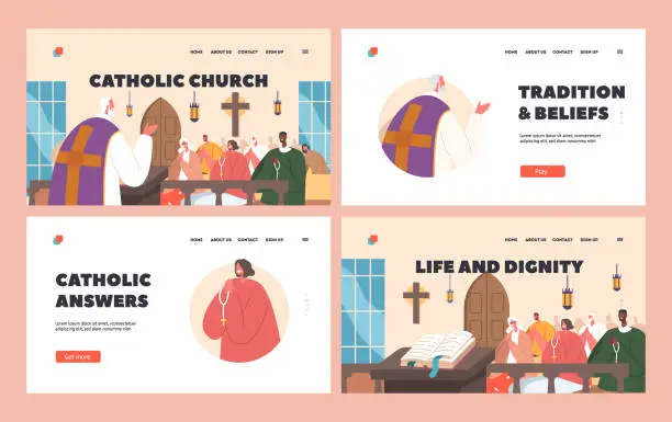 Vector illustration of Catholic Church Landing Page Template Set. Priest Leading The Service To Characters Sitting On Pews. Faith, Spirituality