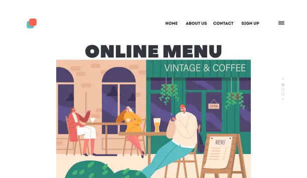 Vector illustration of Online Menu Landing Page Template. Bustling Street Cafe Is Filled With People Sipping Coffee, Chatting With Friends