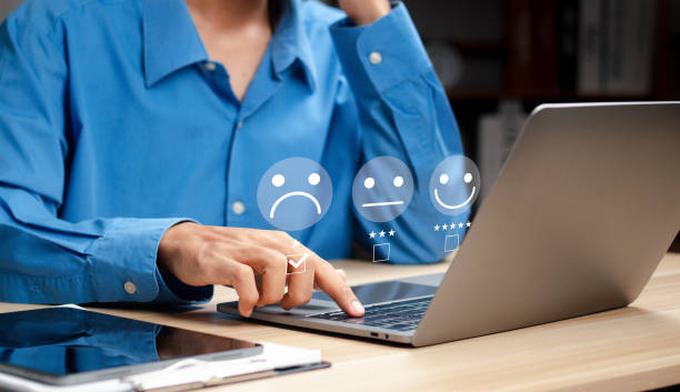 Customer Experience dissatisfied Concept, Unhappy man customer giving sadness emotion face on online survey, Bad review, bad service dislike bad quality, low rating, social media not good. Customer Experience dissatisfied Concept, Unhappy man customer giving sadness emotion face on online survey, Bad review, bad service dislike bad quality, low rating, social media not good. complaining stock pictures, royalty-free photos & images