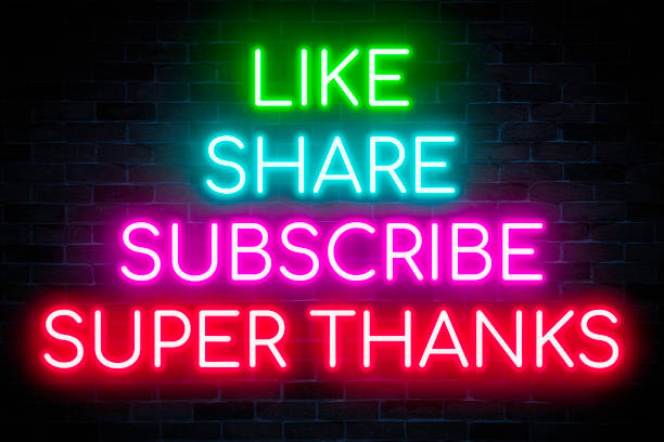 istock Like Share Subscribe and Super Thanks neon banner on brick wall background. 1473228227