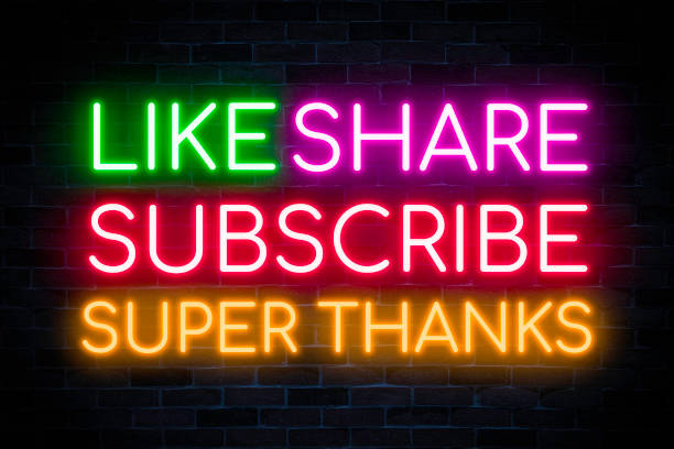 istock Like Share Subscribe and Super Thanks neon banner on brick wall background. 1473228287
