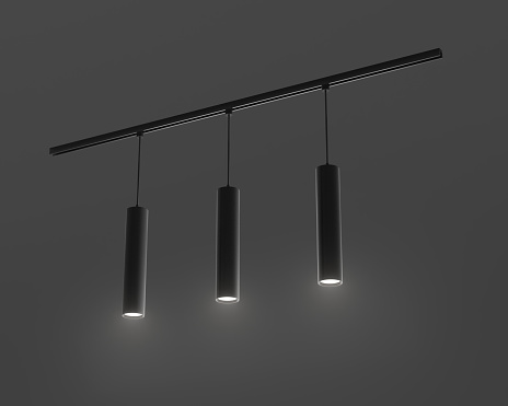 Pendant ceiling long tube lamps 3d render. Modern interior light for home or office isolated on dark background. Hanging chandelier with black metal cylindrical lampshade at night. 3D illustration