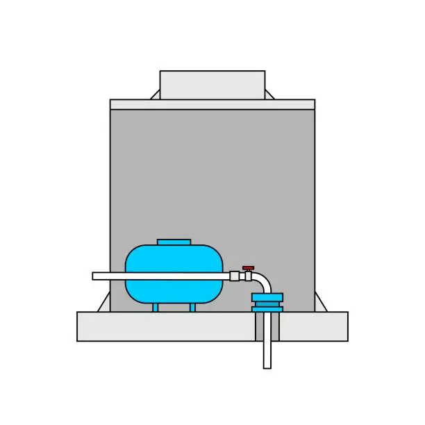 Vector illustration of Caisson drainage. Water supply pumping equipment. Water supply from a well wiring diagram. Hydraulic accumulator.