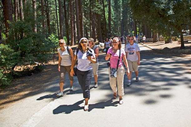 Yosemite national Park, USA - July 22, 2008: people enjoy the yosemite valley on a walk to the waterfall.