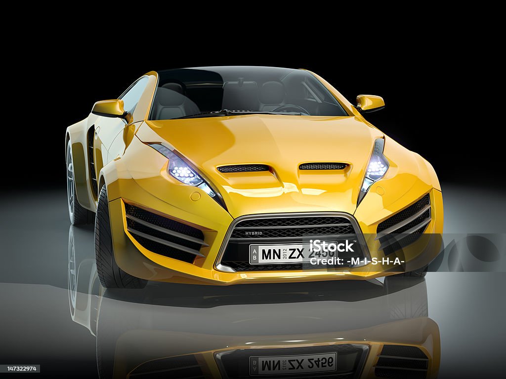 Amarillo coche deportivo sobre un fondo negro. - Foto de stock de Amarillo - Color libre de derechos