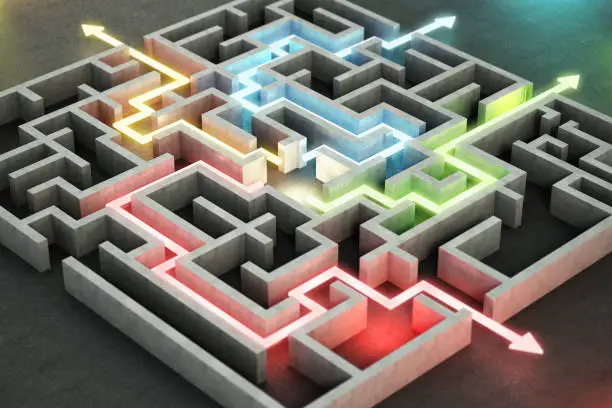 Four different colored glowing lines and arrows showing different ways out of the complex maze.