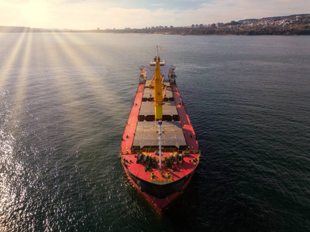 Aerial view of Large general cargo ship tanker bulk carrier stock photo