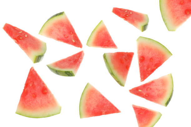 istock Juicy watermelon slices isolated on white background 1473230885