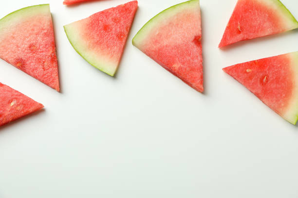 istock Flat lay with watermelon slices on white background 1473230945