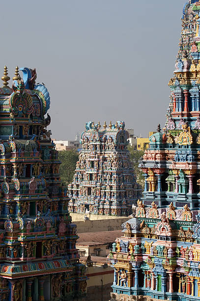 Meenakshi hindu temple in Madurai, Tamil Nadu, South India Meenakshi hindu temple in Madurai, Tamil Nadu, South India. Sculptures on Hindu temple gopura (tower). It is a twin temple, one of which is dedicated to Meenakshi, and the other to Lord Sundareswarar menakshi stock pictures, royalty-free photos & images