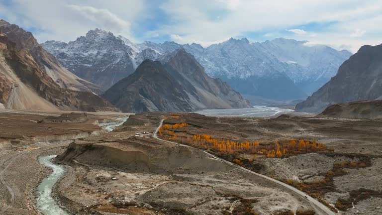 Scenic aerial view of hunza river in Karakoram Range in Himalayas mountains along Karakoram Highway in autumn. Northern Pakistan