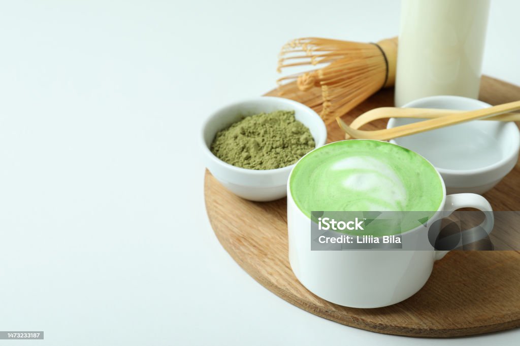 Matcha Latte And Accessories For Making On White Background Stock Photo -  Download Image Now - iStock