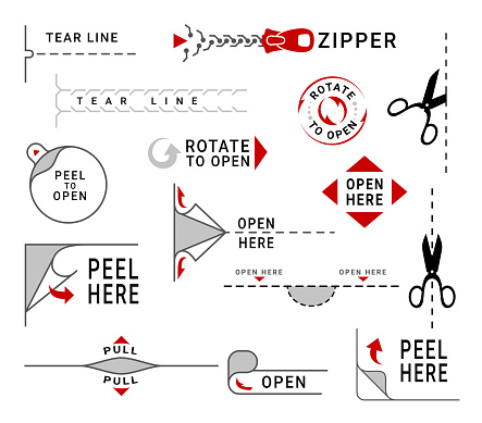 Open here sign opening lock rotate scissors cutting tear notch line tag set vector flat illustration. Packaging design manipulation instruction packet zipper across resealable pull flap cardboard box