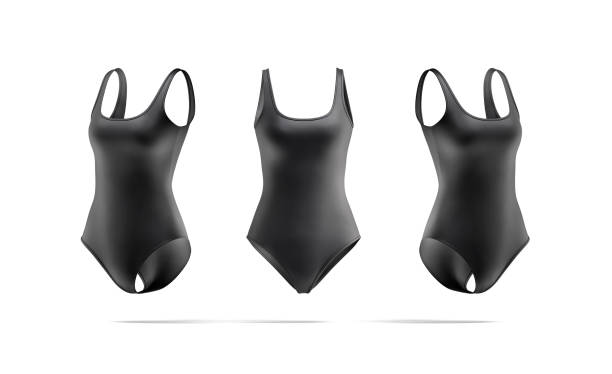 Blank black one-piece swimsuit mockup, front and side view stock photo