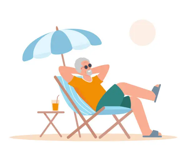 Vector illustration of Elderly man tourist in beach chair under umbrella. Senior smiling men relax. Retirement, travel, summer tourism concept.