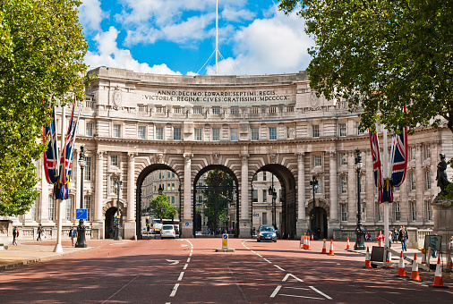 London, United Kingdom - September 12, 2010: Admiralty Arch is a large office building in London which incorporates an archway providing road and pedestrian access between The Mall, which extends to the South-West, and Trafalgar Square to the North-East.