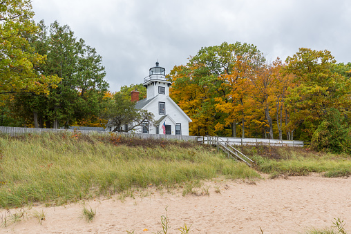 Old Mission Point LIghthouse on an autumn day. Traverse City, Michigan, USA.