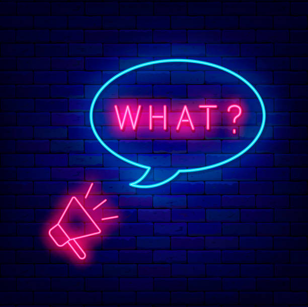 istock What question neon advertising. Speech bubble with megaphone. Shiny banner. Shopping design. Vector stock illustration 1473237274