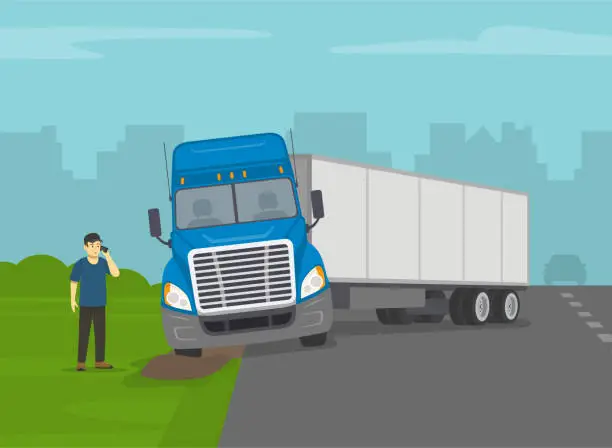 Vector illustration of Driver calls emergency services. Blue semi-truck loses control and gets stuck.