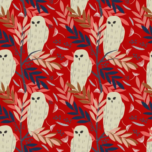 Vector illustration of Owl and trees branches seamless pattern on dark background.