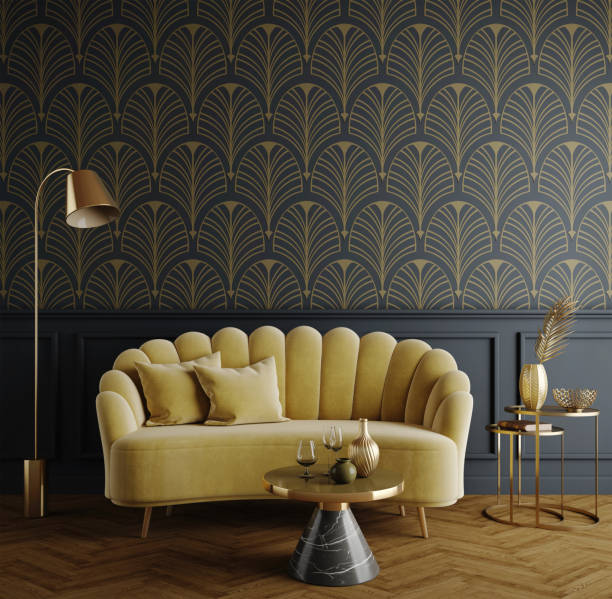 istock Art Deco interior in classic style with yellow sofa table and lamp.3d rendering 1473241170