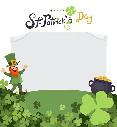 Saint Patrick's Day Celebration. Vector Irish Lucky Holiday Design for Poster. Banner or Invitation. Party Flyer Illustration with Clover. Leprechaun and a pot of gold.