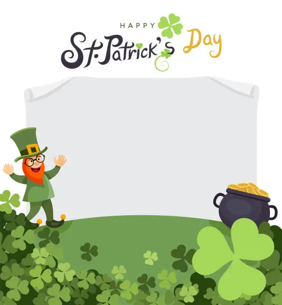 Vector illustration of Saint Patrick's Day Celebration. Vector Irish Lucky Holiday Design for Poster. Banner or Invitation. Party Flyer Illustration with Clover. Leprechaun and a pot of gold.
