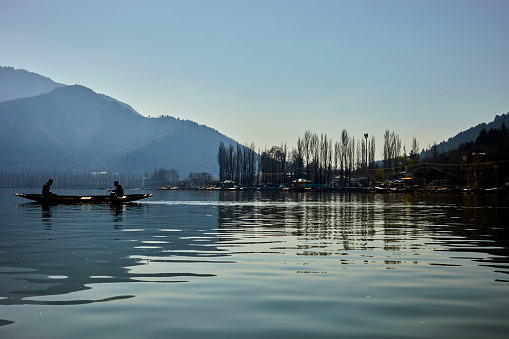 Rowing through paradise - two souls gliding on the crystal-clear waters of Dal Lake, surrounded by the breathtaking scenery of the Kashmir valley