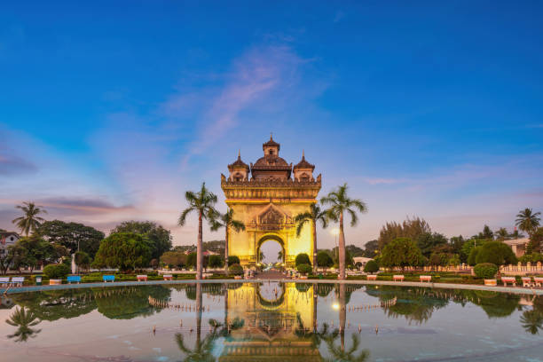 Vientiane Laos, sunset city skyline at Patuxai (Patuxay) the most famous landmark in Vientiane stock photo