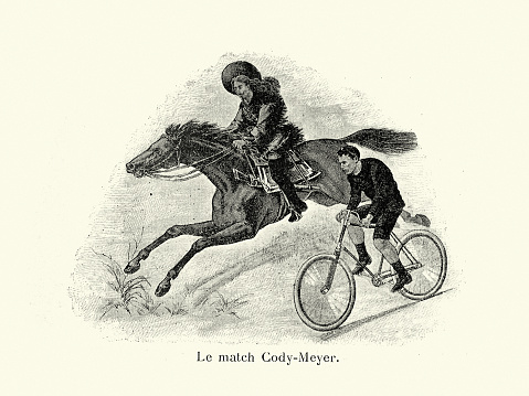 Vintage illustration Buffalo Bill on a horse racing against the cyclist, M. Meyer 19th Century