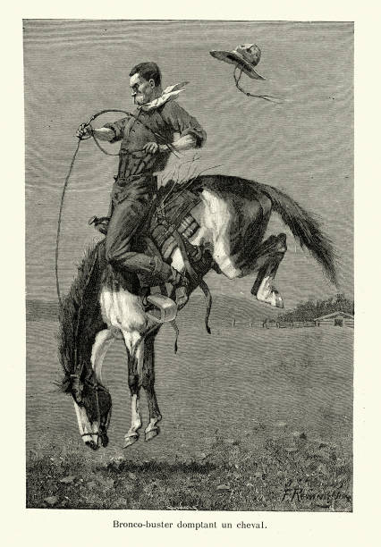 illustrazioni stock, clip art, cartoni animati e icone di tendenza di cowboy che cavalca il cavallo bucking, bronco buster doma un cavallo selvaggio, american wild west, 1890s, 19th century - cowboy rodeo wild west bucking bronco