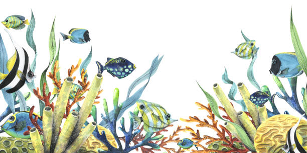 istock Bright reef fish with corals, sea sponges and algae. Watercolor illustration. Template from the collection TROPICAL FISHES. For decoration and design of summer and beach prints, stickers 1473244315