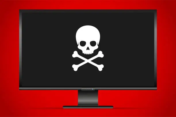 Vector illustration of Skull on screen, hacker, virus, danger....