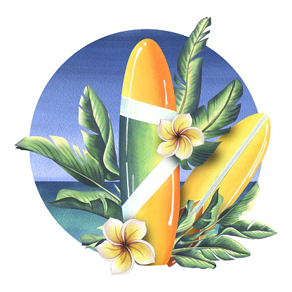 Yellow and orange striped surfboards with tropical leaves, plumeria flowers against the blue sea and sky. Watercolor illustration. Composition from the collection SURFING