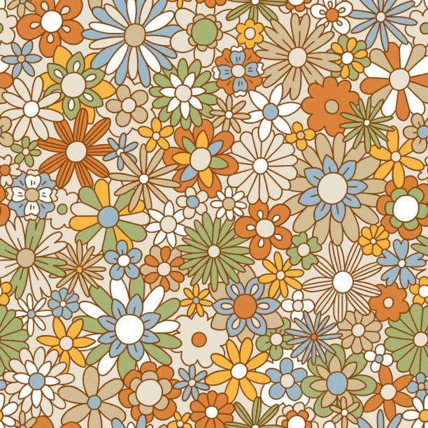 재미있는 복고풍 갈색과 녹색 꽃 무늬 그림 벡터 아트 일러스트