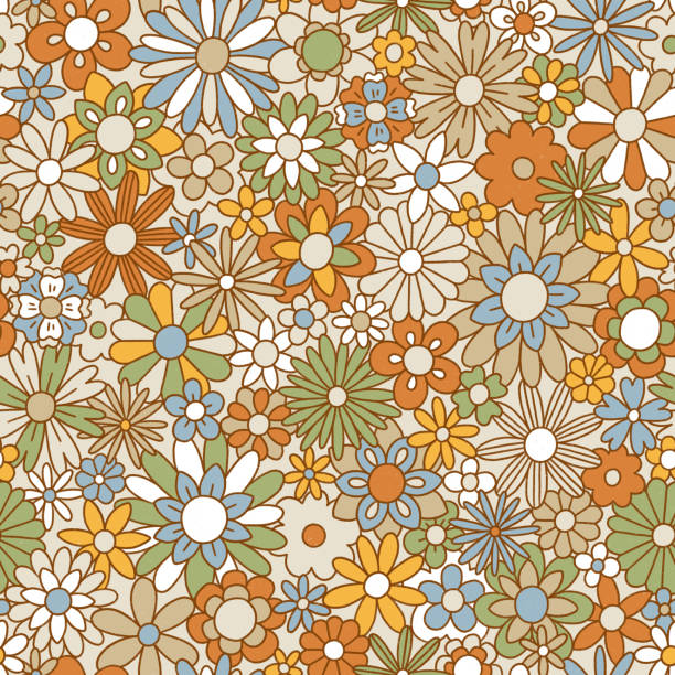 Fun retro brown and green floral print illustration - ilustração de arte vetorial