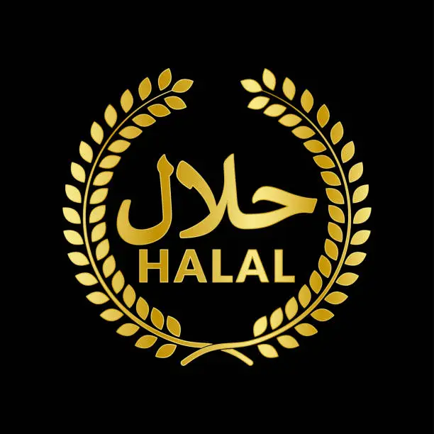 Vector illustration of The halal icon in a floral wreath.