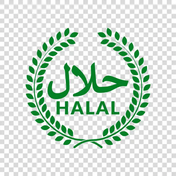 Vector illustration of The halal icon in a floral wreath.