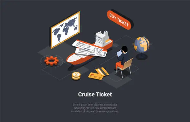 Vector illustration of Online Cruise Tickets Buy, Traveling By Liner Concept. Man Is Buying Ticket And Going On Trip On Luxury Cruise Liner. Character Buy Ticket Online On Tablet. Isometric 3d Cartoon Vector Illustration