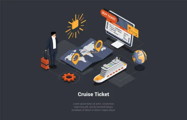 Vector illustration of Online Cruise Tickets Buy, Traveling By Liner Concept. Boy With Luggage Ready For Trip On Luxury Cruise Liner. Character Buy Ticket And Go On Trip Between Continents. Isometric 3d Vector Illustration