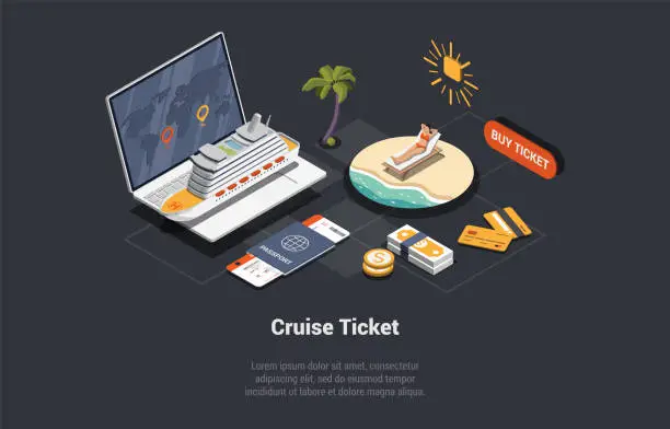 Vector illustration of Cruise Tickets, Traveling By Liner Concept. Girl Buy Tickets On Luxury Cruise Liner Trip, Sunbathing On A Beach On Sunbed. Online Platform For Buying Tickets Online. Isometric 3d Vector Illustration