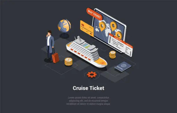 Vector illustration of Online Cruise Tickets Buy, Traveling By Liner Concept. Boy With Luggage Ready For Trip On Luxury Cruise Liner. Character Buy Ticket And Go On Trip By Vessel. Isometric 3d Cartoon Vector Illustration
