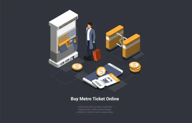 Vector illustration of Metro Ticket Online Buying Concept. Passenger Is Buying Ticket At Automat Or Ticket Machine Vending. Boy At Subway Gate Automatic Checkpoint Entering Underground. Isometric 3d Vector Illustration