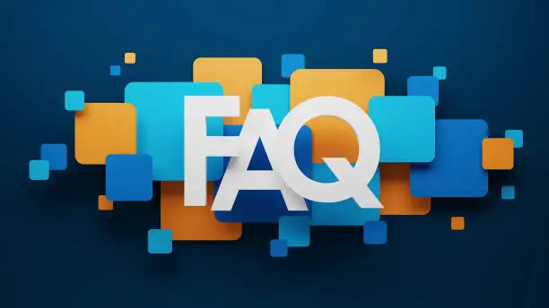 3D render of FAQ typography with blue and orange squares on dark blue background