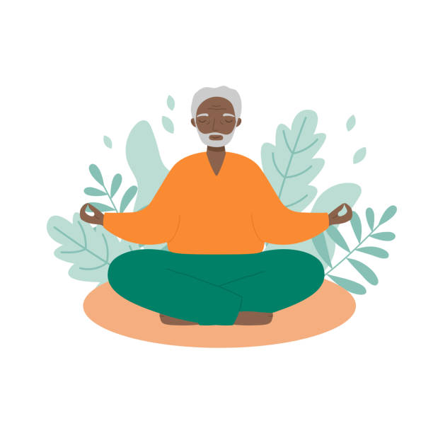 illustrations, cliparts, dessins animés et icônes de l’homme âgé est assis les jambes croisées et médite avec des feuilles en arrière-plan. - men yoga meditating cross legged