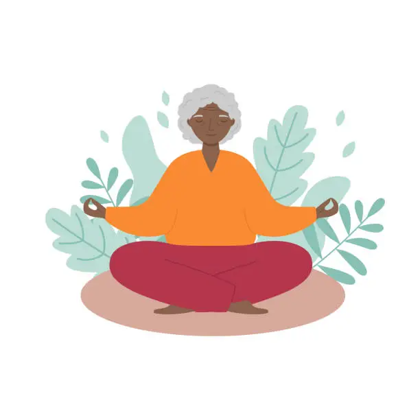Vector illustration of Senior woman sits cross-legged and meditates with leaves background.