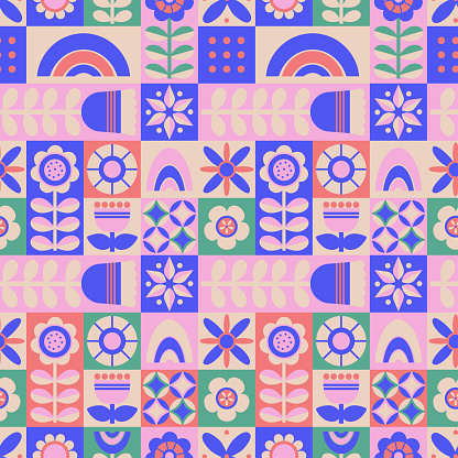 Geometric seamless pattern. Colorful minimalistic abstract repeatable pattern tile design with flowers, shapes and forms. Vector illustration. Hand drawn flat style